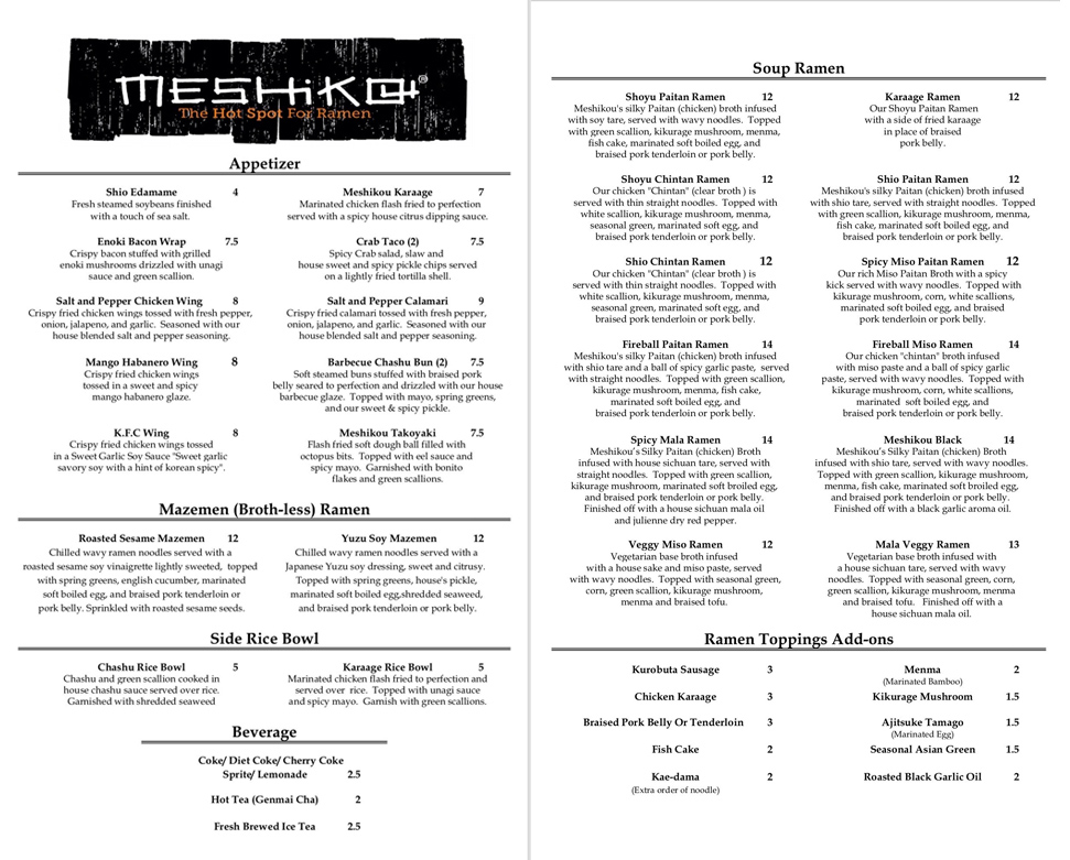 View the Meshikou Ramen Restaurant & Drink Menu